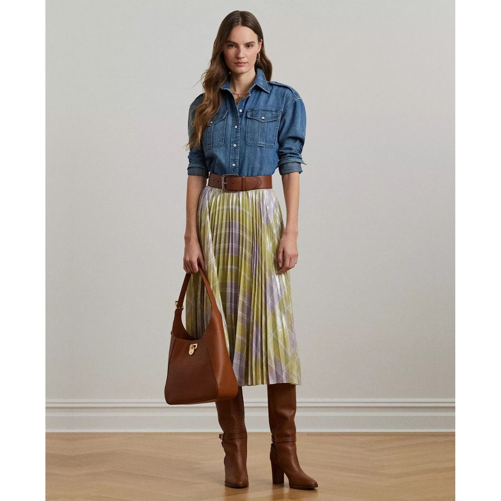 Lauren Ralph Lauren Women's Checked Plaid Pleated Georgette Midi Skirt Green 16